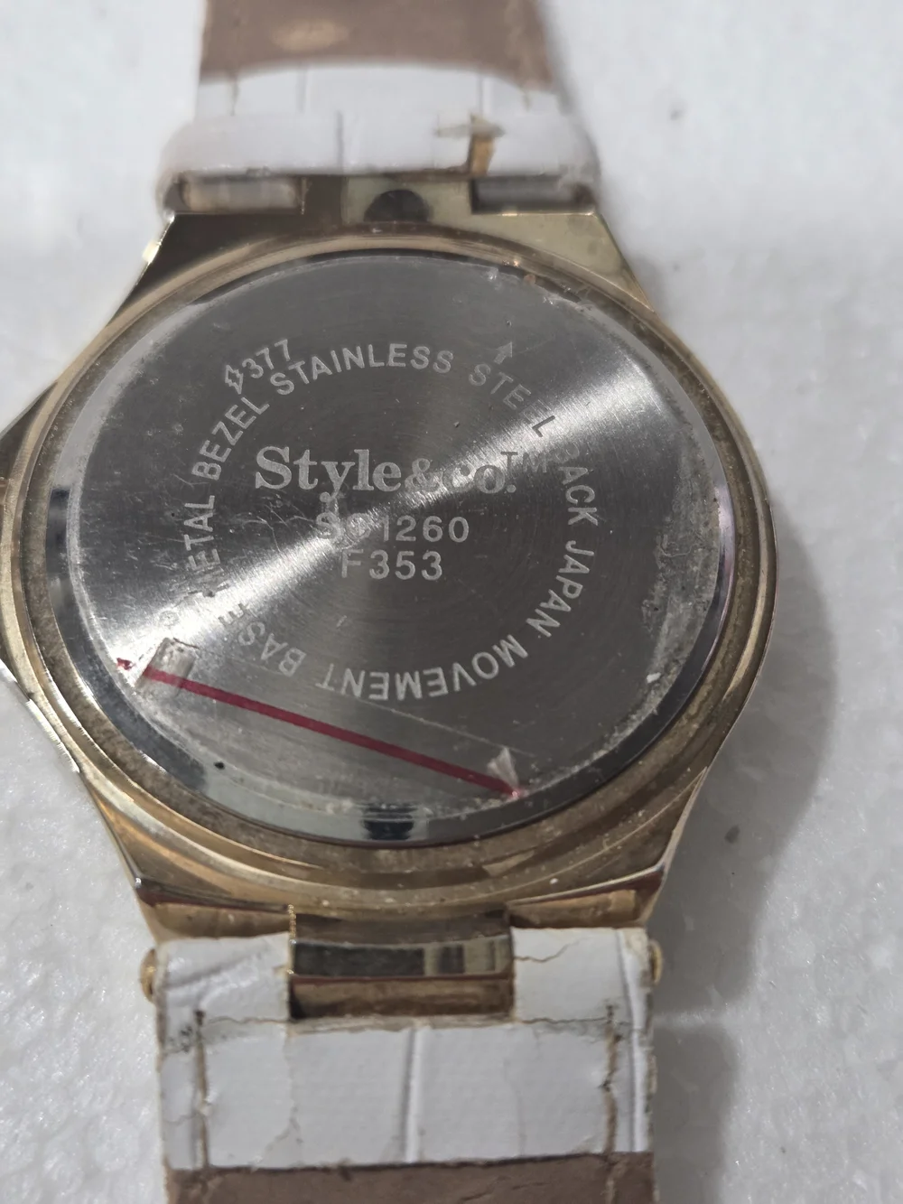 Style&co Gold-Tone Crystal Bezel Watch with White Strap